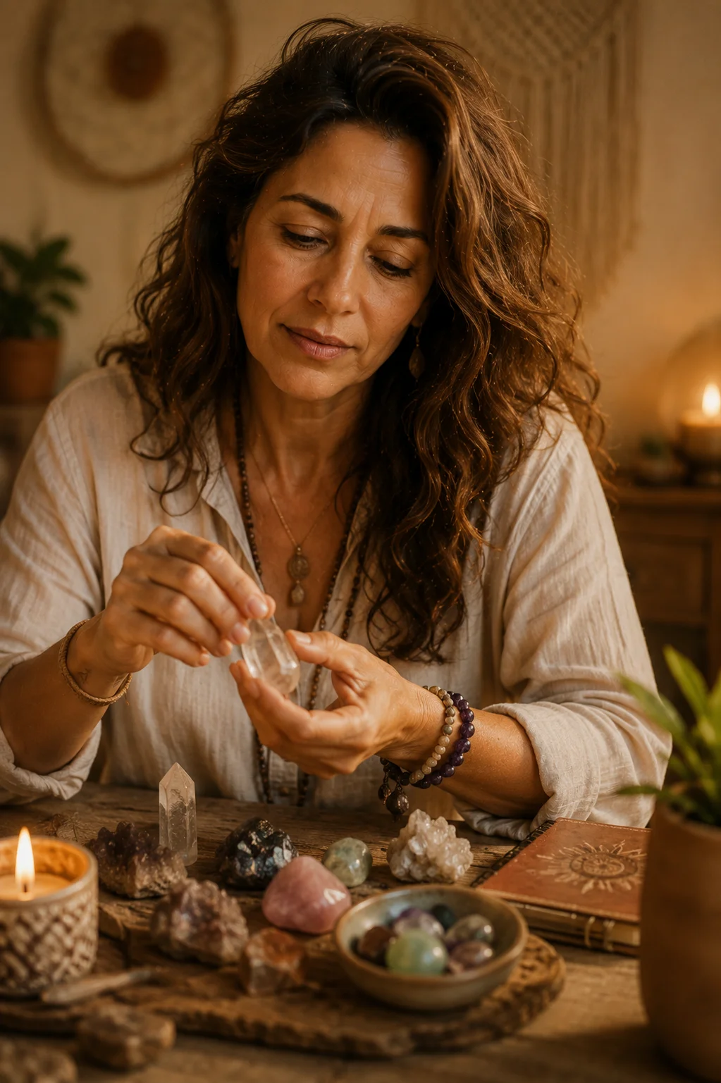 A buscadora espiritual com mãos inquietas